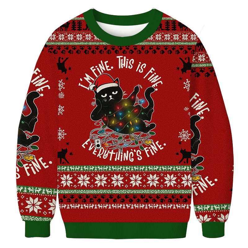 Cat Everything Is Fine Christmas Ugly Sweater Funny Xmas Outfits Cat Lovers Gifts