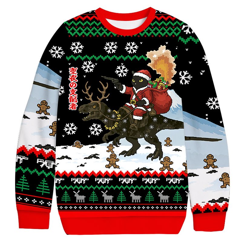 Cat Riding A Dinosaur Christmas Ugly Sweater Funny Xmas Clothes Christmas Gifts