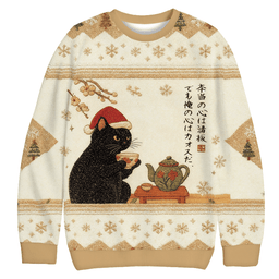 Black Cat Drinking Tea Funny Christmas Ugly Sweater Cat Christmas Clothing Gifts