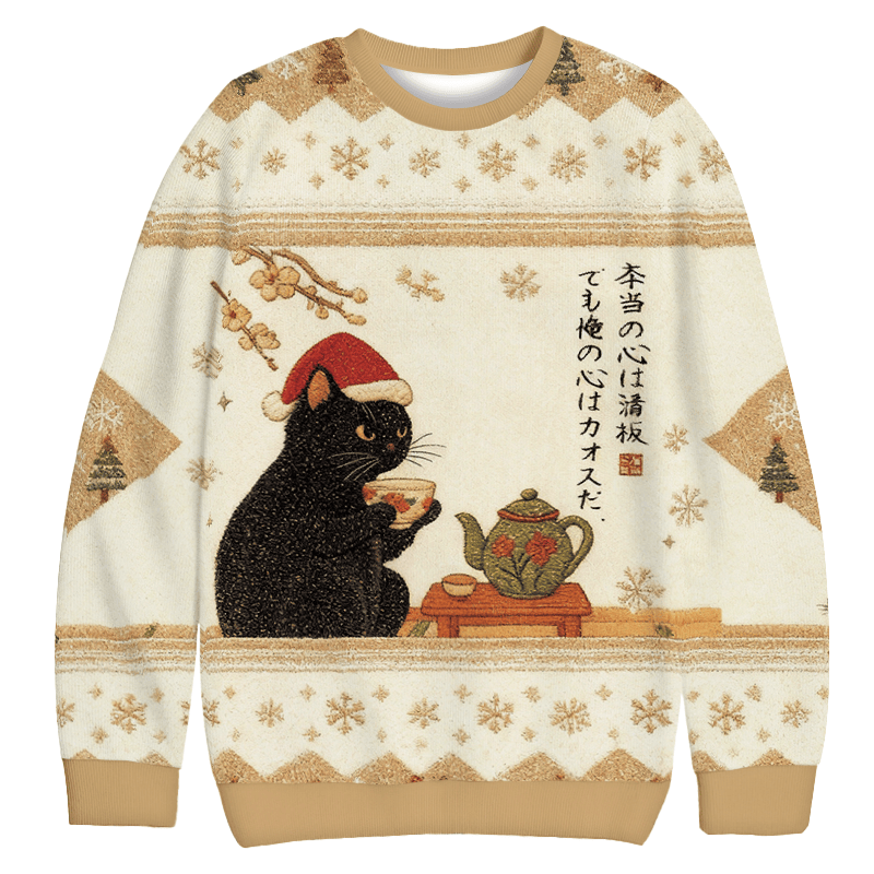 Black Cat Drinking Tea Funny Christmas Ugly Sweater Cat Christmas Clothing Gifts