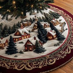 Village Red Tapestry Quilted Christmas Tree Skirt Family Christmas Tree Decor Gift