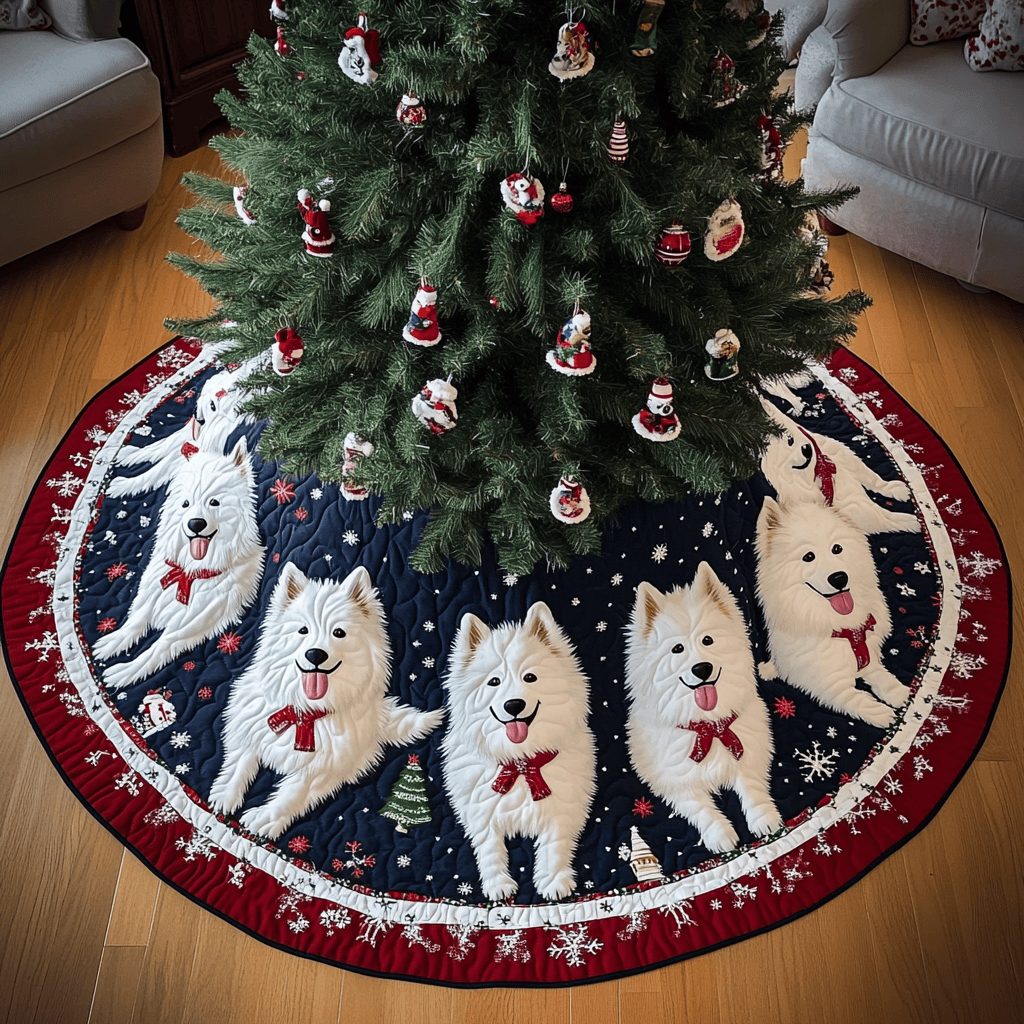 Samoyed Charm Christmas Quilted Tree Skirt Christmas Dog Lovers Tree Mat Gifts