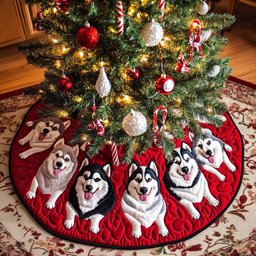 Winter Whiskers Christmas Quilted Tree Skirt Dog Lover Christmas Tree Base Cover Gift