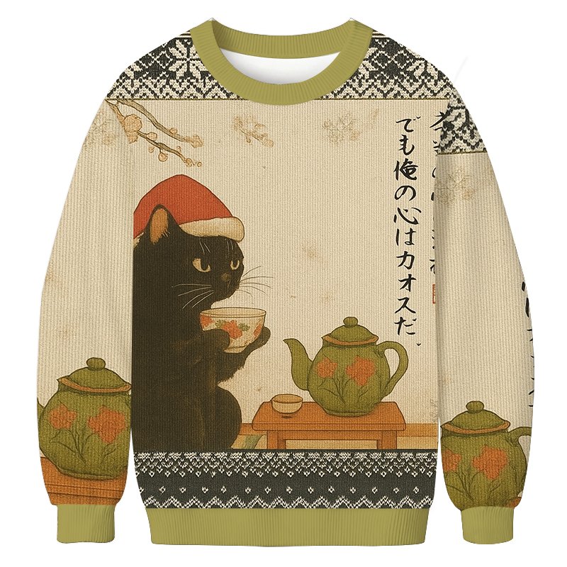 Black Cat Drinking Tea Christmas Ugly Sweater Cat Christmas Clothes Daughter Gifts