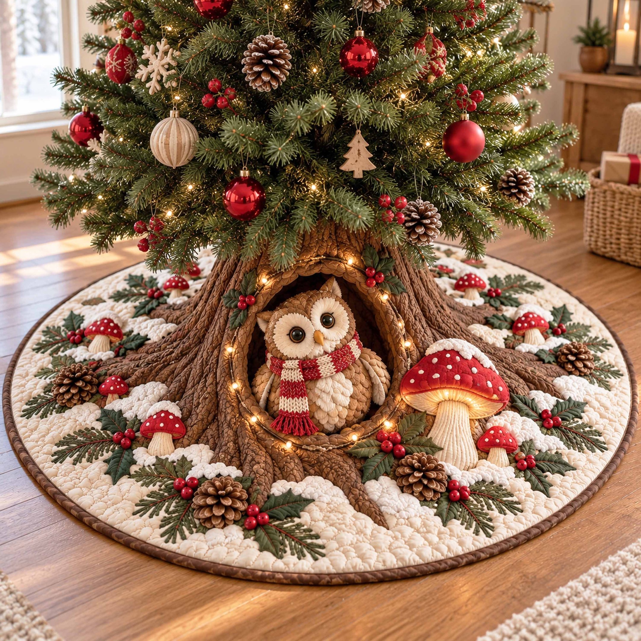 Whisper Owl Christmas Quilted Tree Skirt
