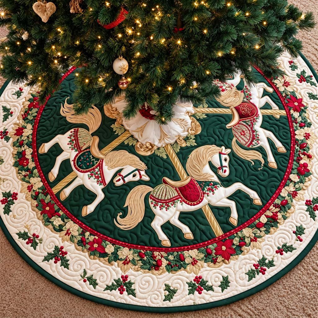 Emerald Carousel Christmas Quilted Tree Skirt