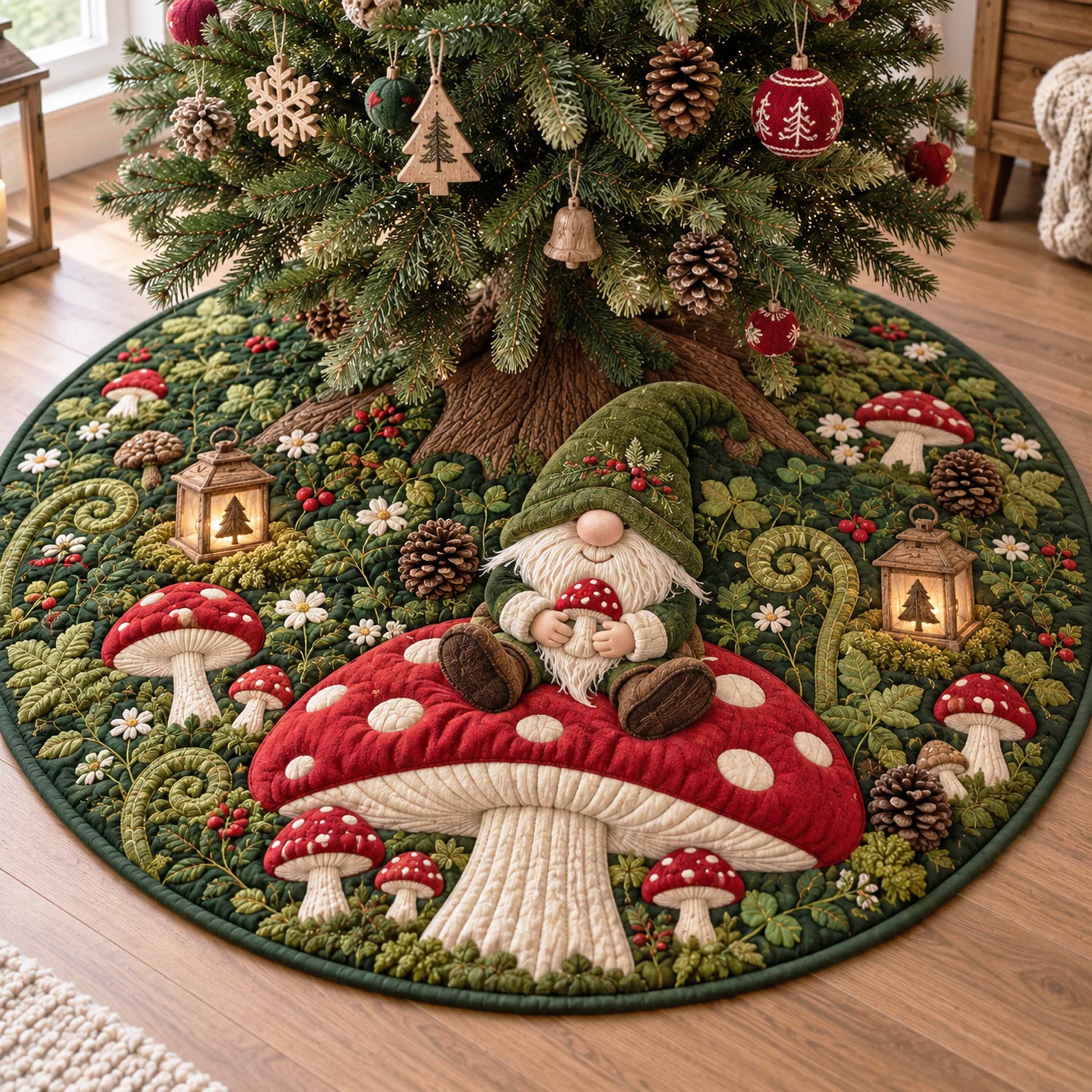 Merry Gnome Christmas Quilted Tree Skirt