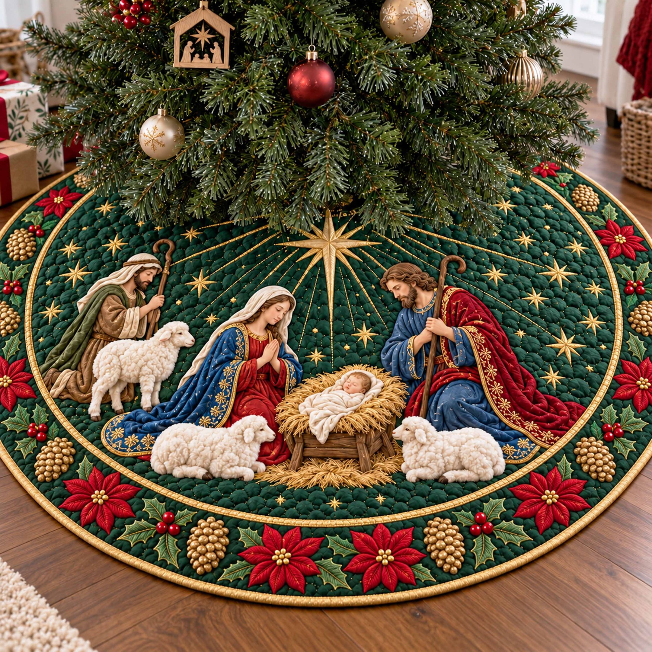 Blessed Nativity Christmas Quilted Tree Skirt