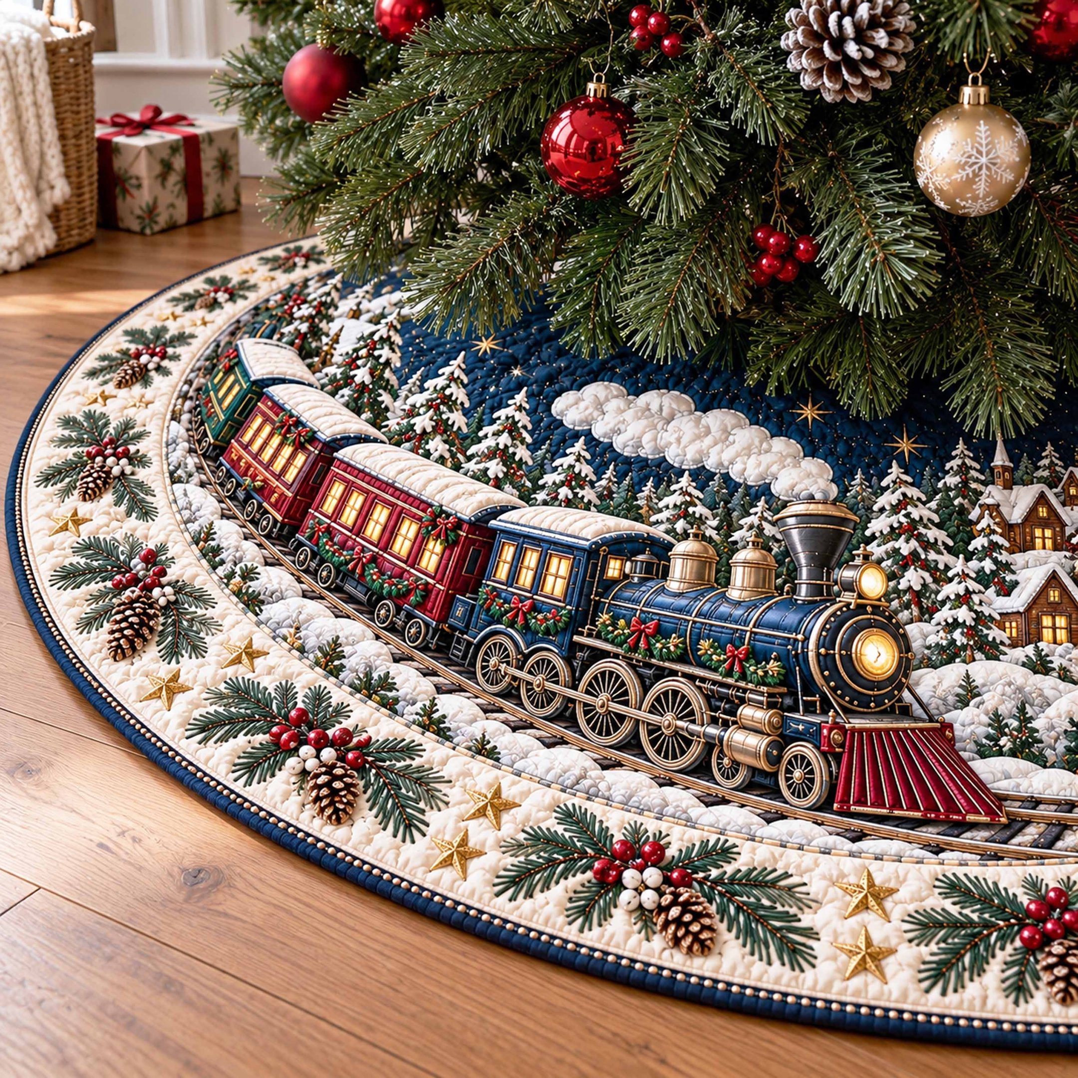 Merry Locomotive Christmas Quilted Tree Skirt