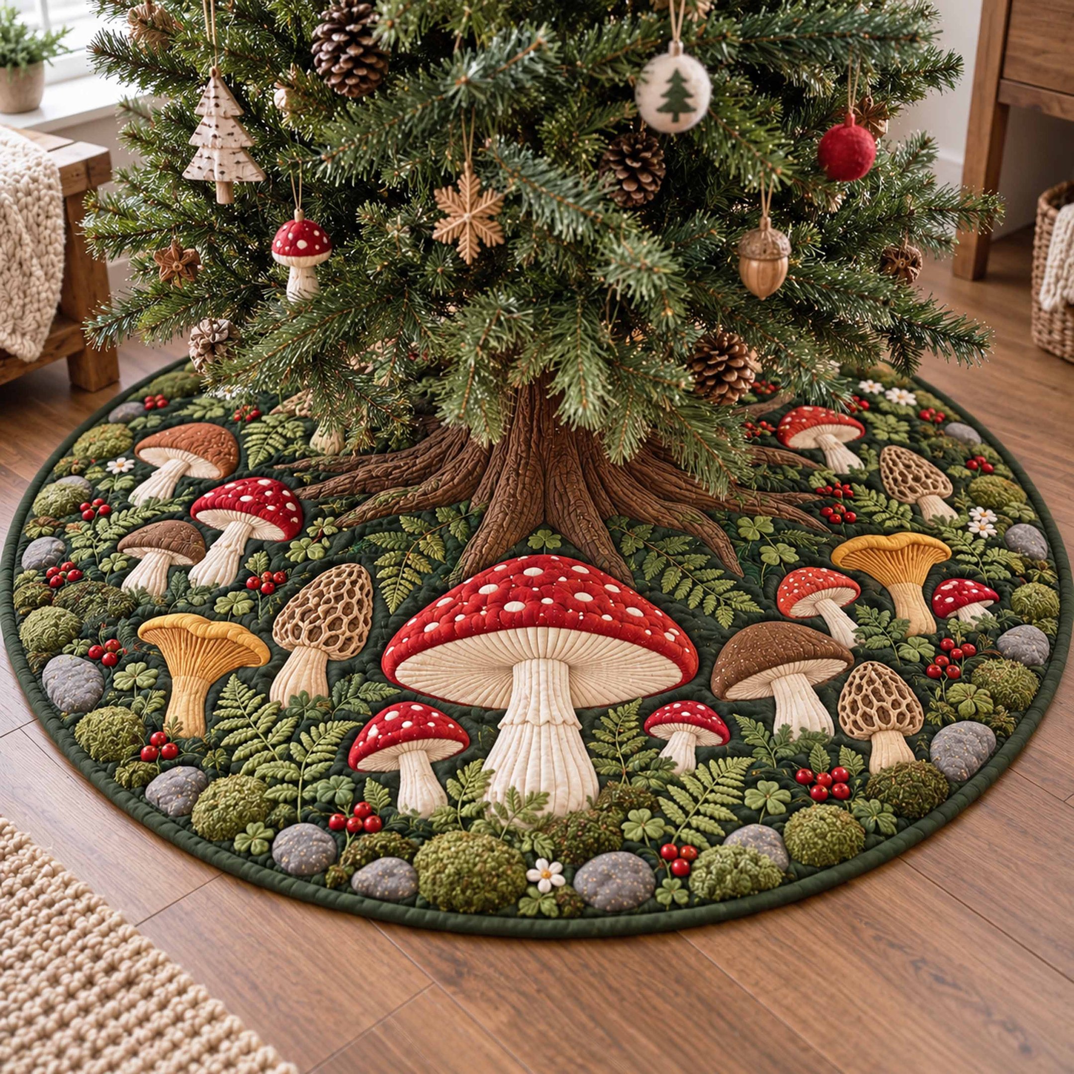 Toadstool Ring Christmas Quilted Tree Skirt