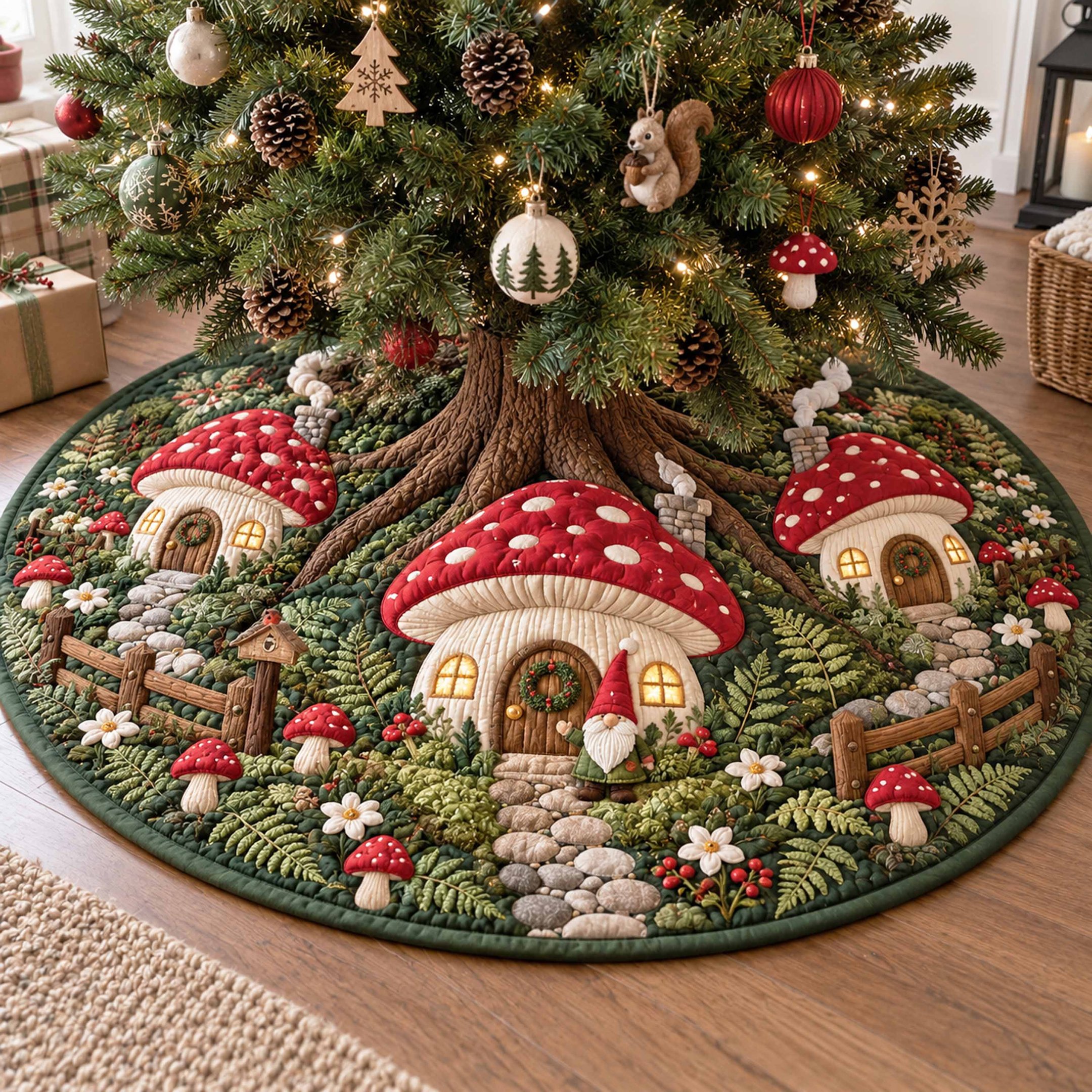 Gnome Forager Christmas Quilted Tree Skirt