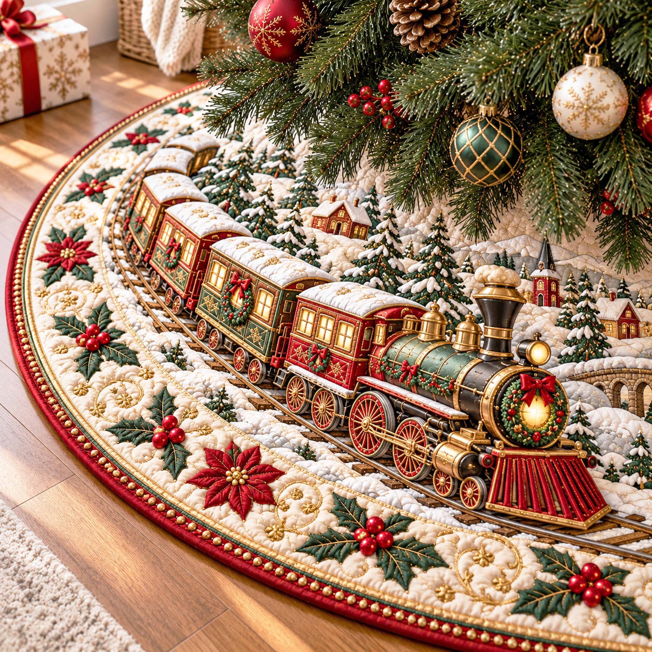 North Pole Rails Christmas Quilted Tree Skirt