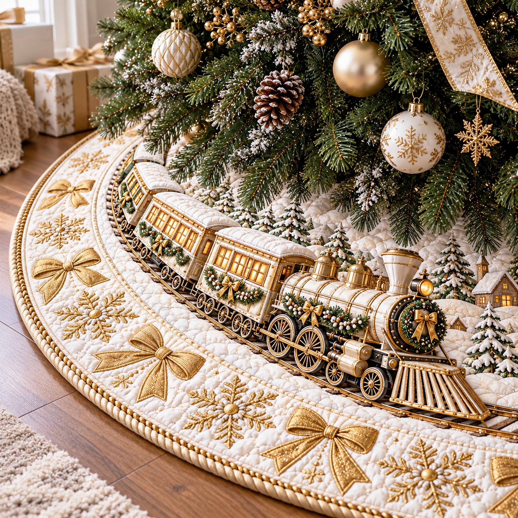 Jingle Rails Christmas Quilted Tree Skirt