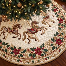 Poinsettia Carousel Christmas Quilted Tree Skirt