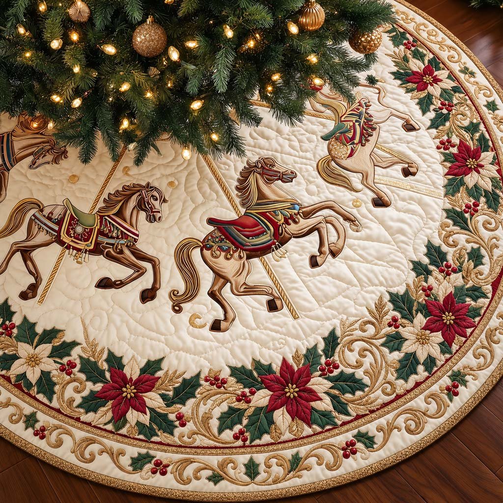 Poinsettia Carousel Christmas Quilted Tree Skirt