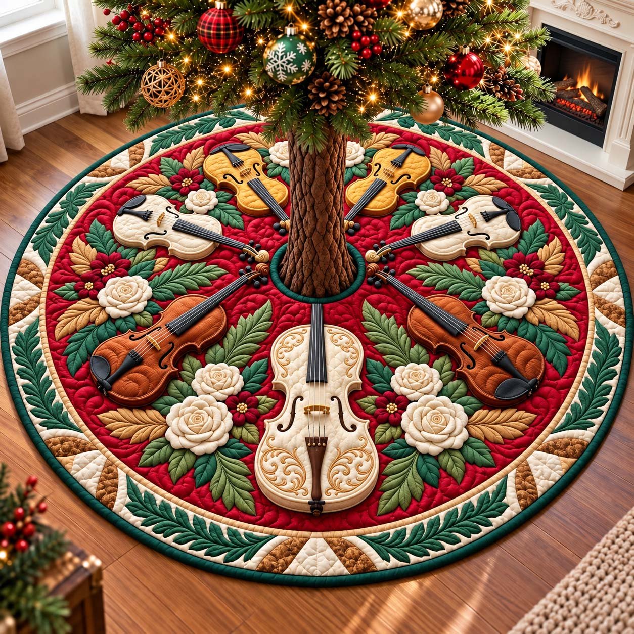 Christmas Violin Garden Quilted Tree Skirt