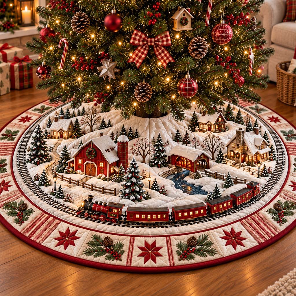 Crimson Village Christmas Quilted Tree Skirt