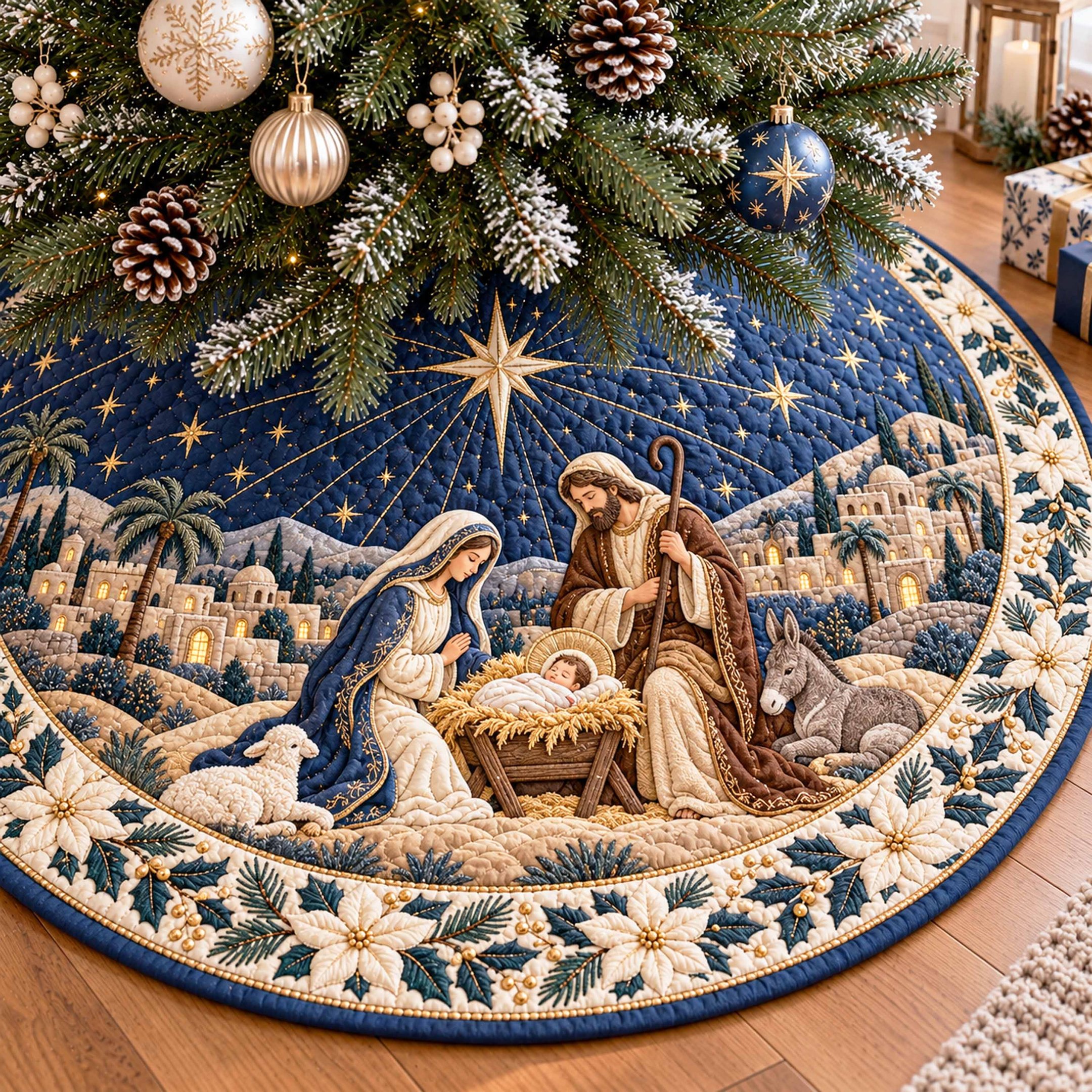 Silent Night Christmas Quilted Tree Skirt
