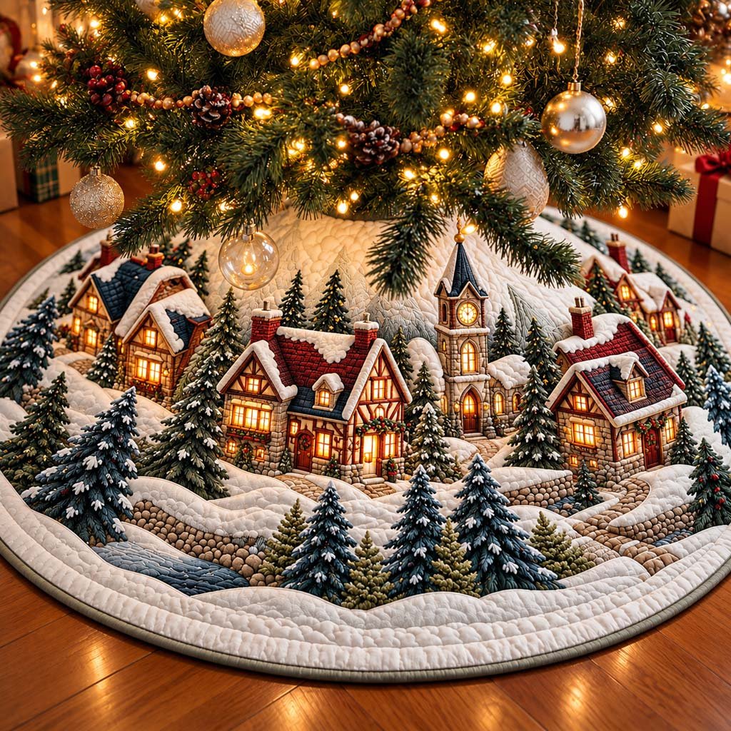 Frosty Village Christmas Quilted Tree Skirt
