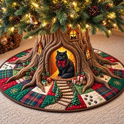 Christmas Tree Cat Quilted Tree Skirt