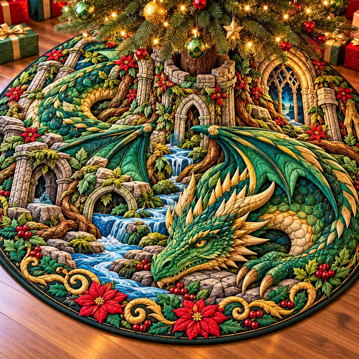 Emerald Christmas Dragon Quilted Tree Skirt