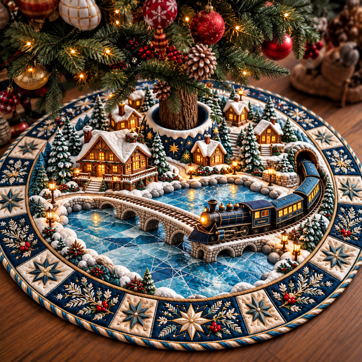 Winter Village Train Quilted Tree Skirt