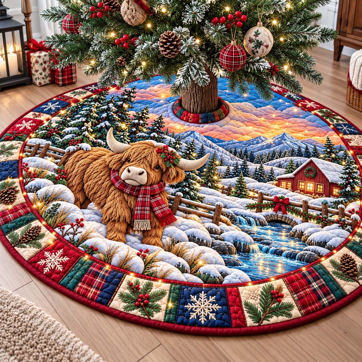 Highland Mountain Christmas Quilted Tree Skirt