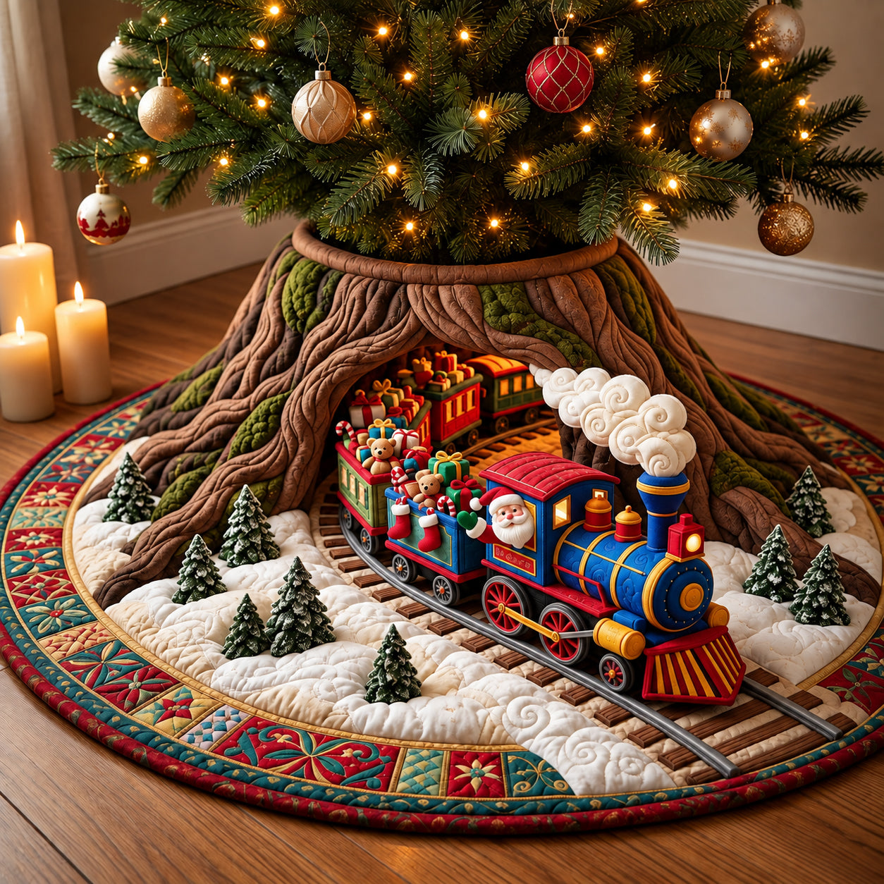 Christmas Train Tunnel Quilted Tree Skirt