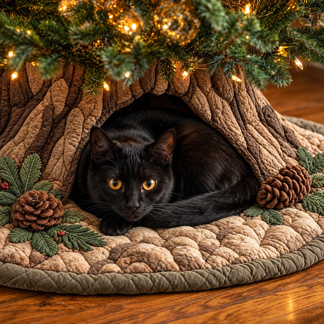 Woodland Cat Den Quilted Tree Skirt