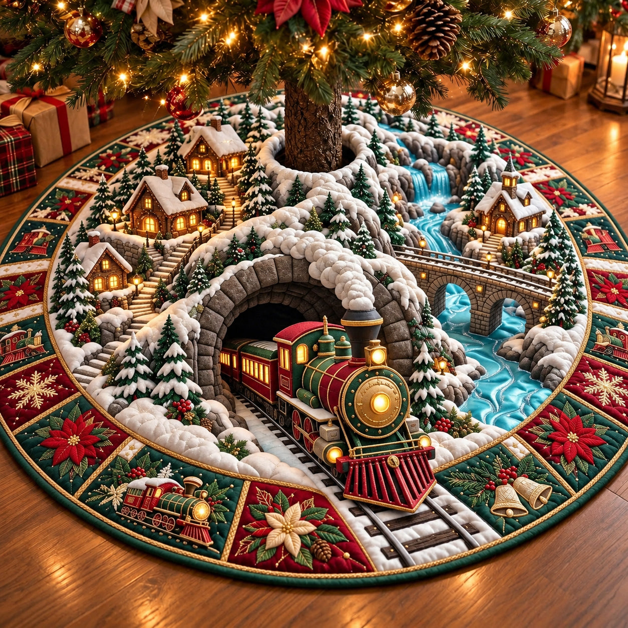 Mountain Train Quilted Tree Skirt