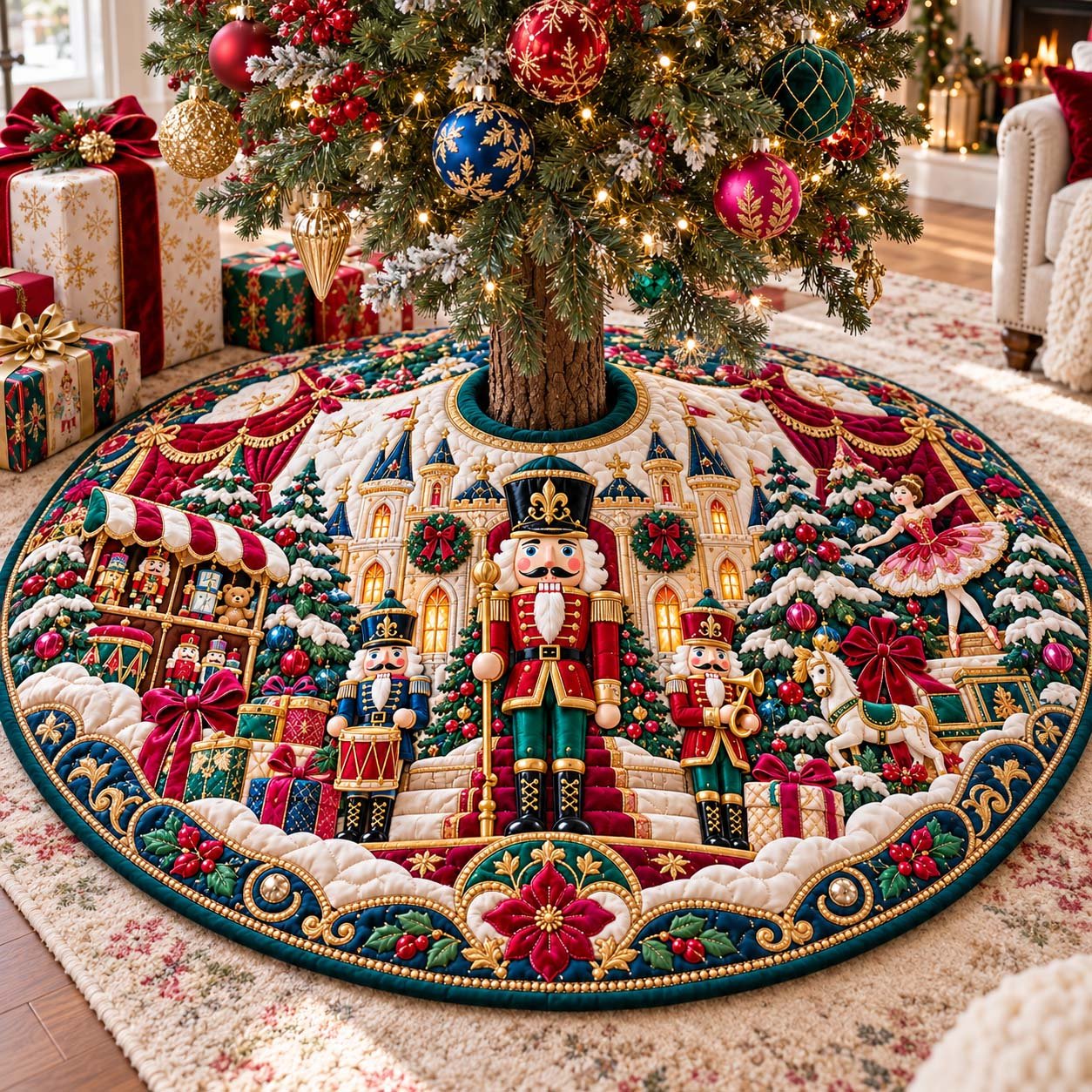 Royal Christmas Village Quilted Tree Skirt