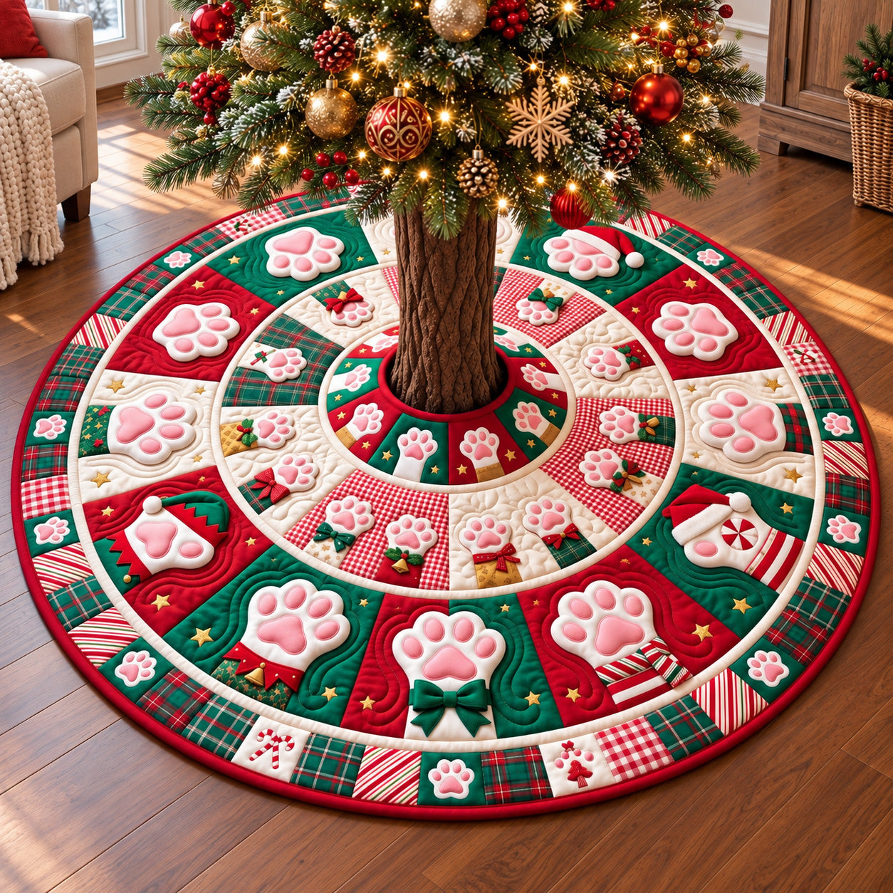 Festive Christmas Paws Quilted Tree Skirt