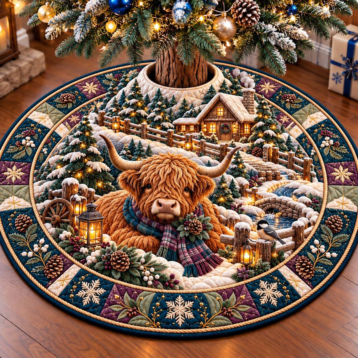 Highland Winter Cottage Quilted Tree Skirt