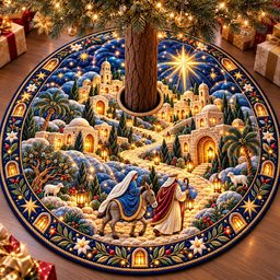 Holy Night Village Quilted Tree Skirt