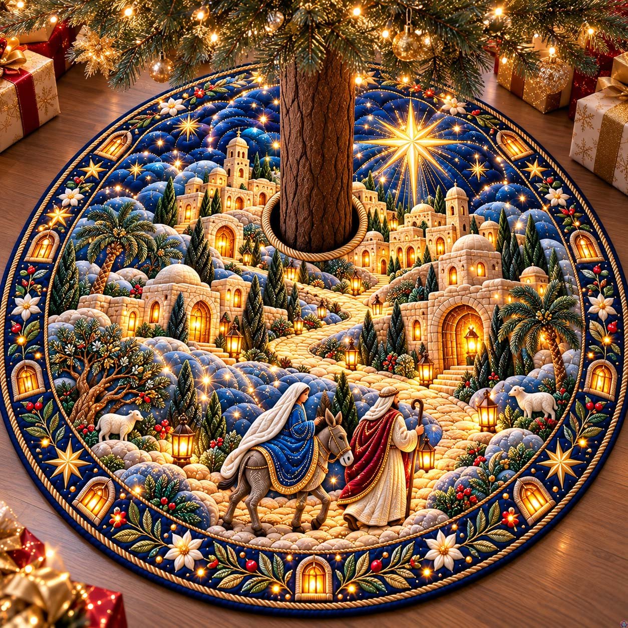 Holy Night Village Quilted Tree Skirt