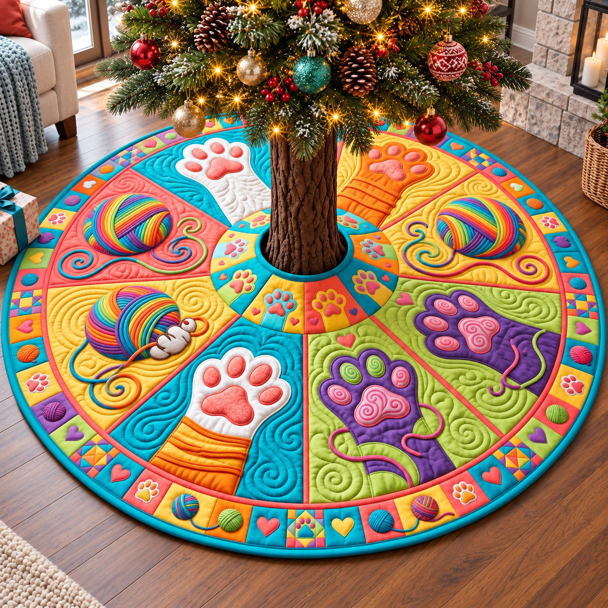 Rainbow Yarn Paws Quilted Tree Skirt