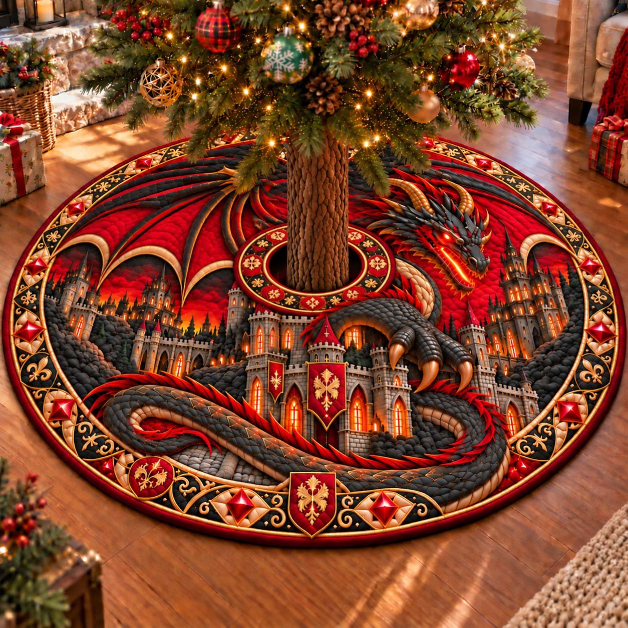 Crimson Dragon Fortress Quilted Tree Skirt