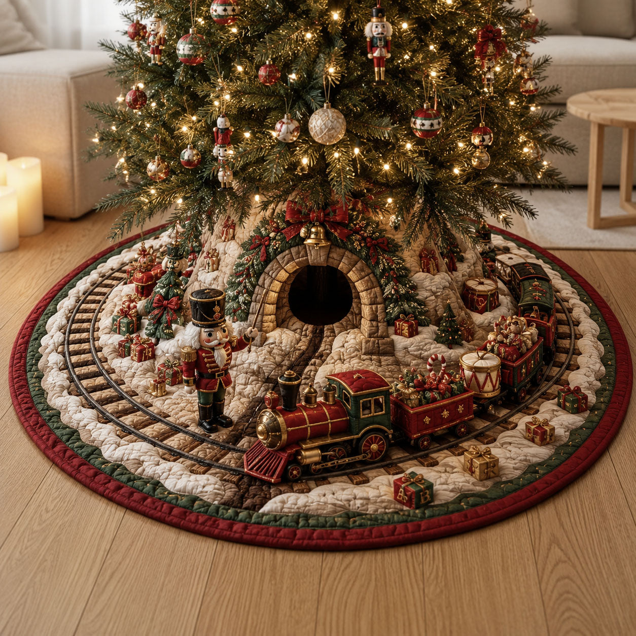 Nutcracker Christmas Train Village Quilted Tree Skirt