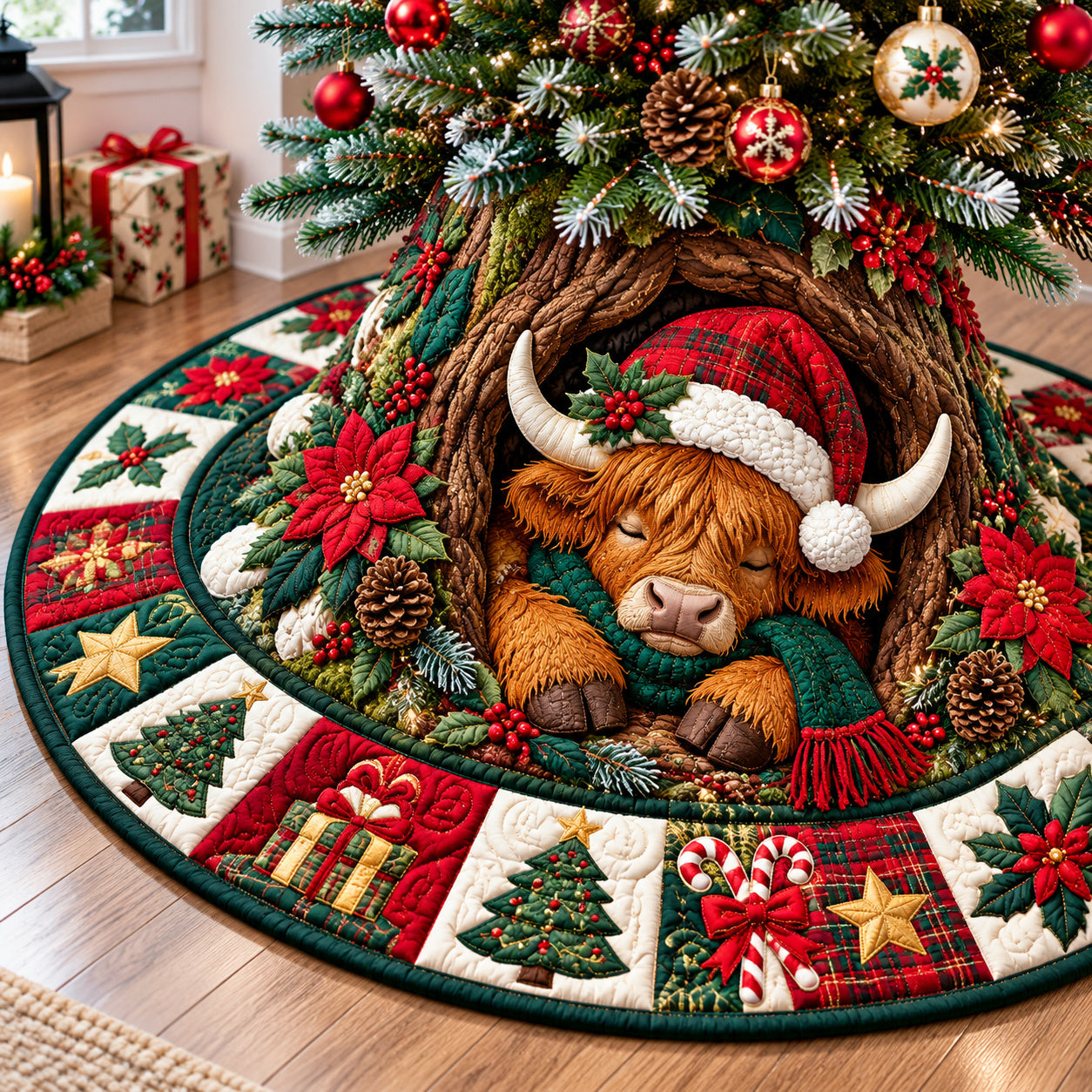 Christmas Highland Cow Cheer Quilted Tree Skirt