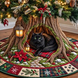 Poinsettia Cat Den Quilted Tree Skirt