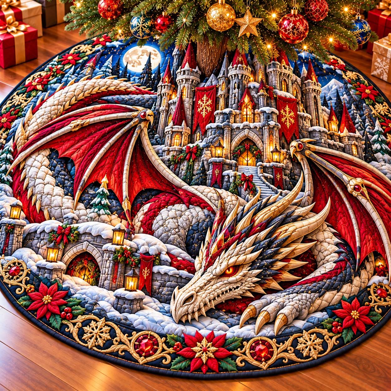 Royal Snow Dragon Quilted Tree Skirt