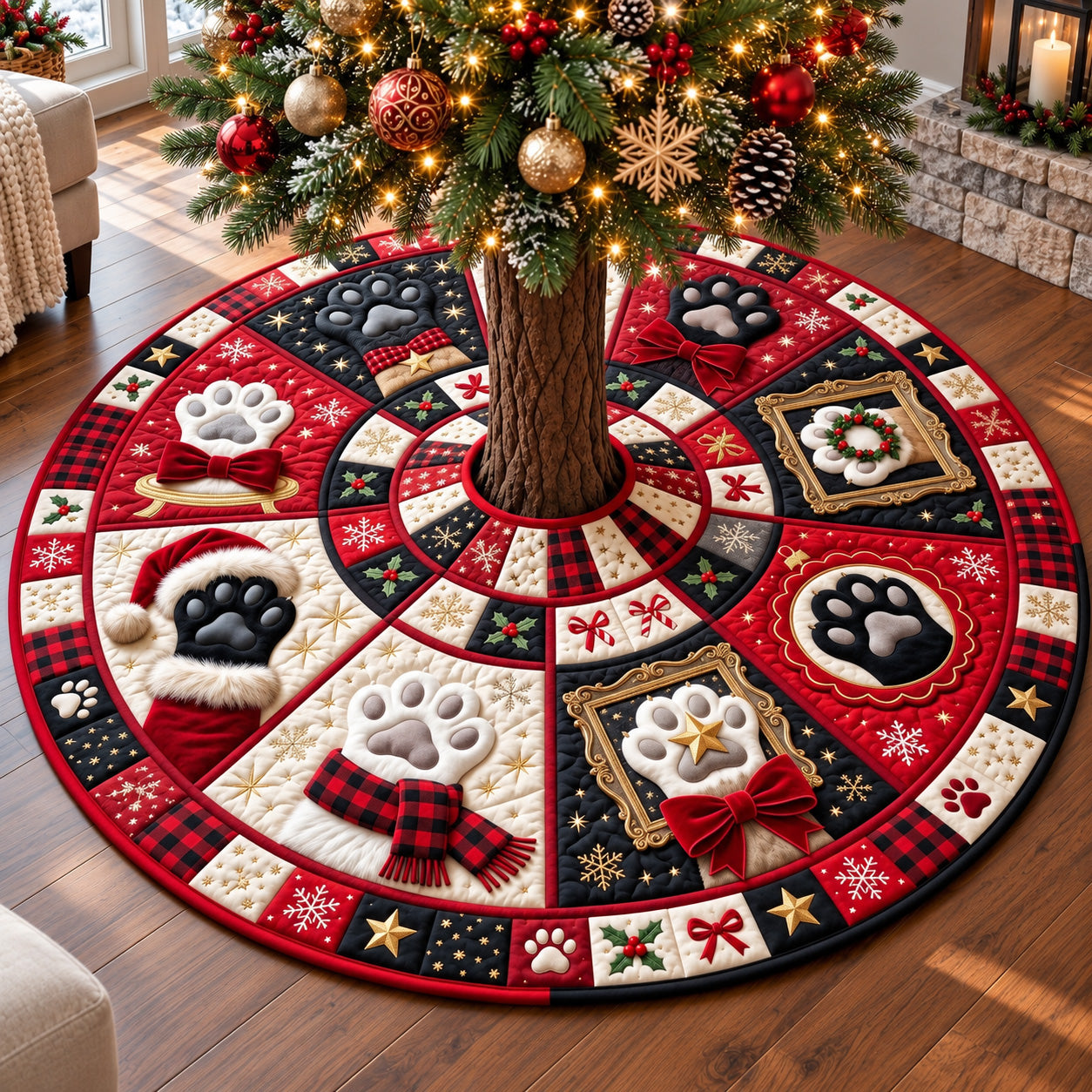 Festive Christmas Paws Quilted Tree Skirt