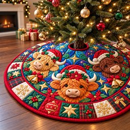 Christmas Highland Cow Wishes Quilted Tree Skirt