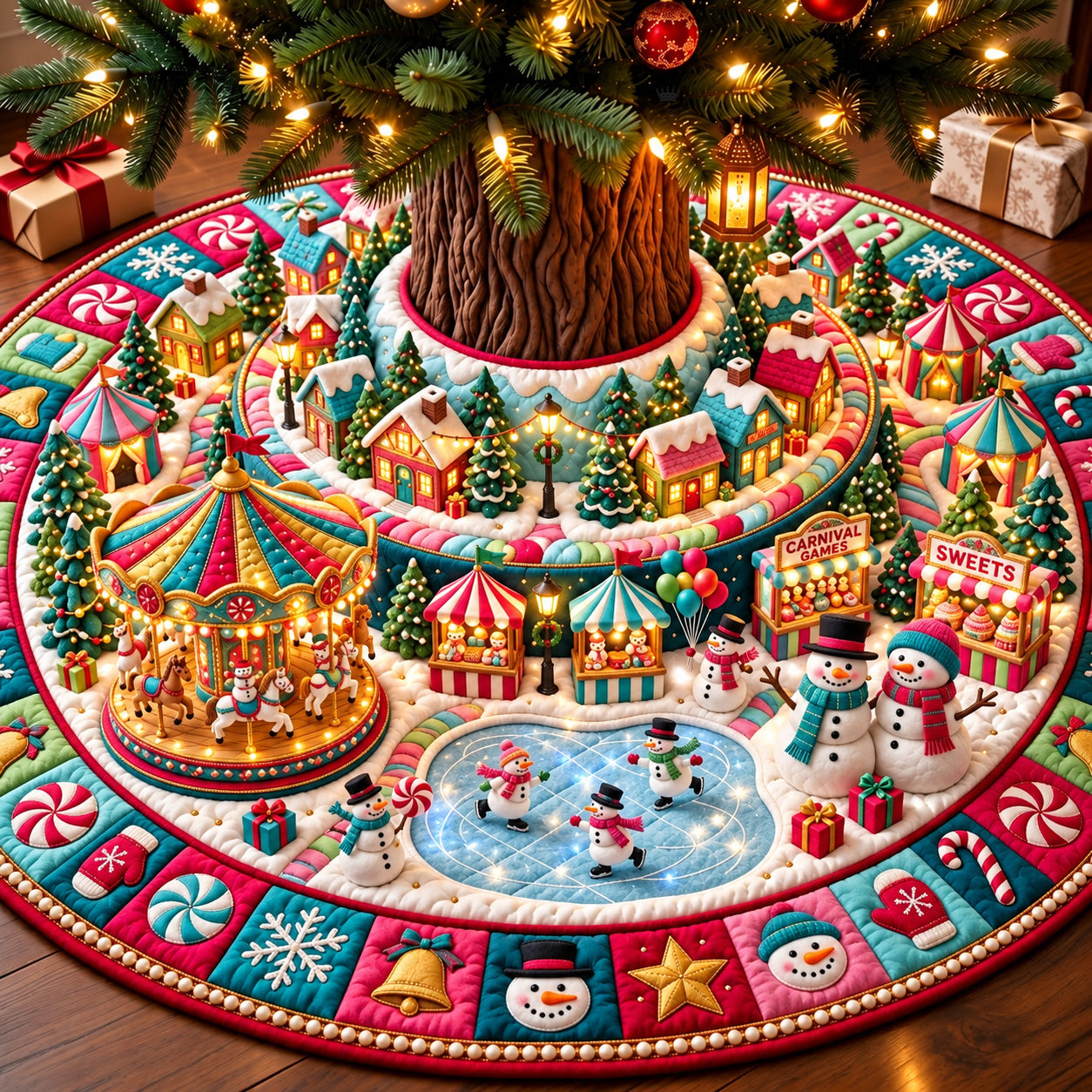 Snowman Christmas Carnival Quilted Tree Skirt