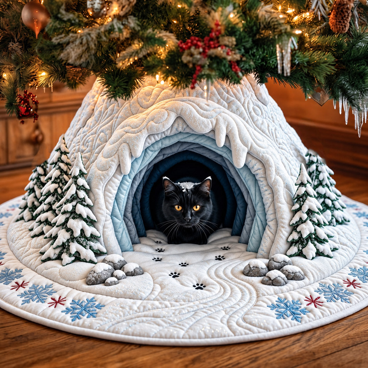 Snow Cave Cat Quilted Tree Skirt
