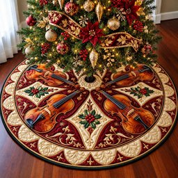 Poinsettia Violin Noel Quilted Tree Skirt