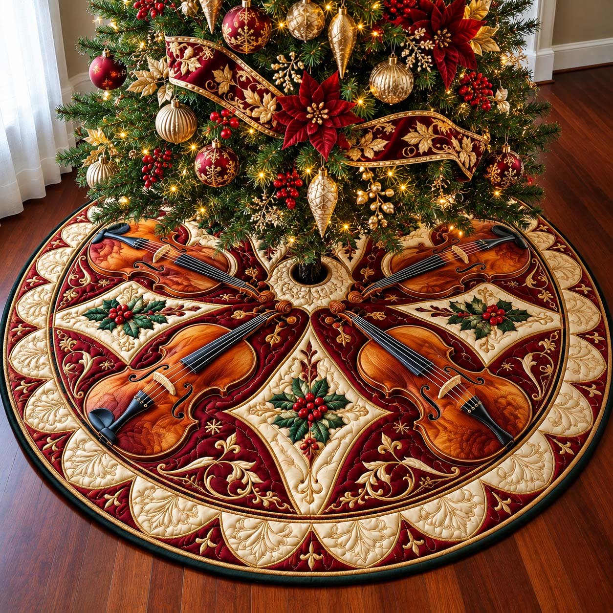 Poinsettia Violin Noel Quilted Tree Skirt