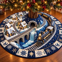 Snowy Bridge Train Quilted Tree Skirt