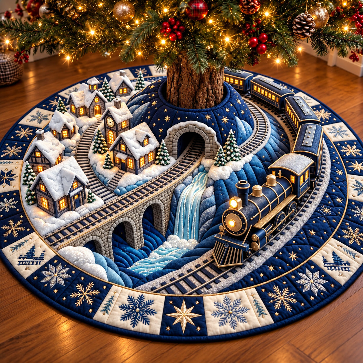Snowy Bridge Train Quilted Tree Skirt