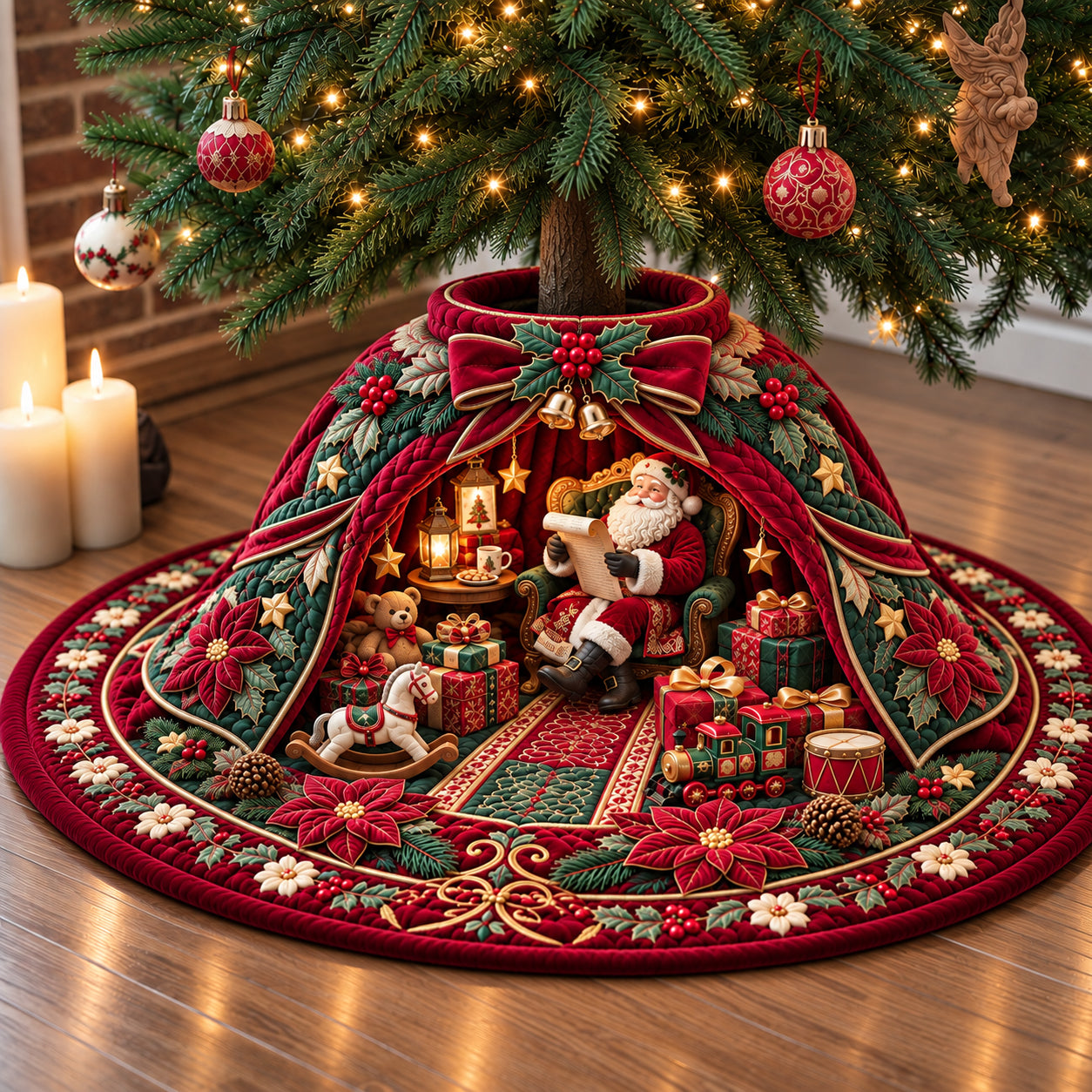Santa Red Velvet Kingdom Quilted Tree Skirt
